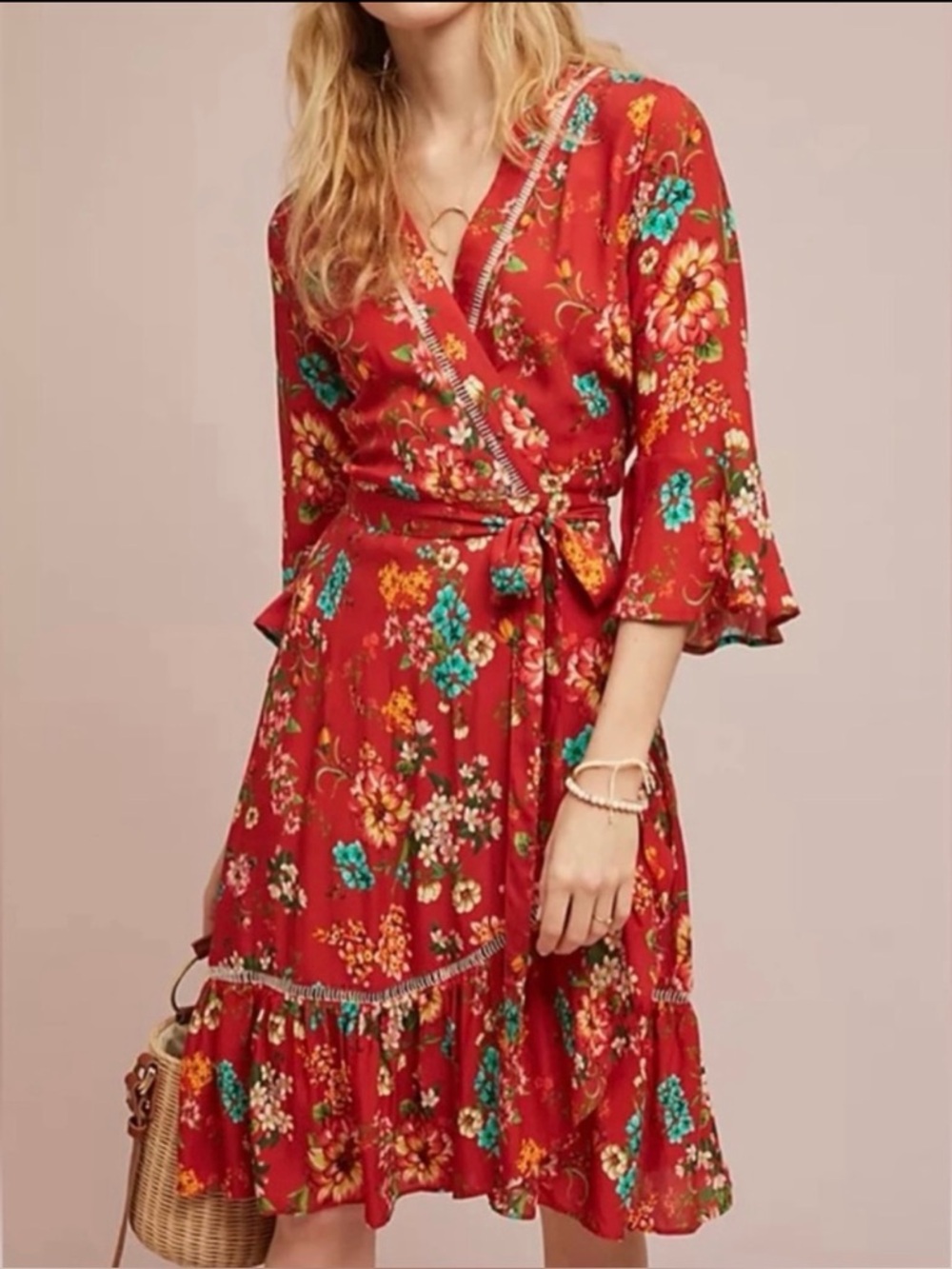 Farm Rio x Anthropologie Kenzie Red Tropical Floral Wrap Midi Dress.Size XS